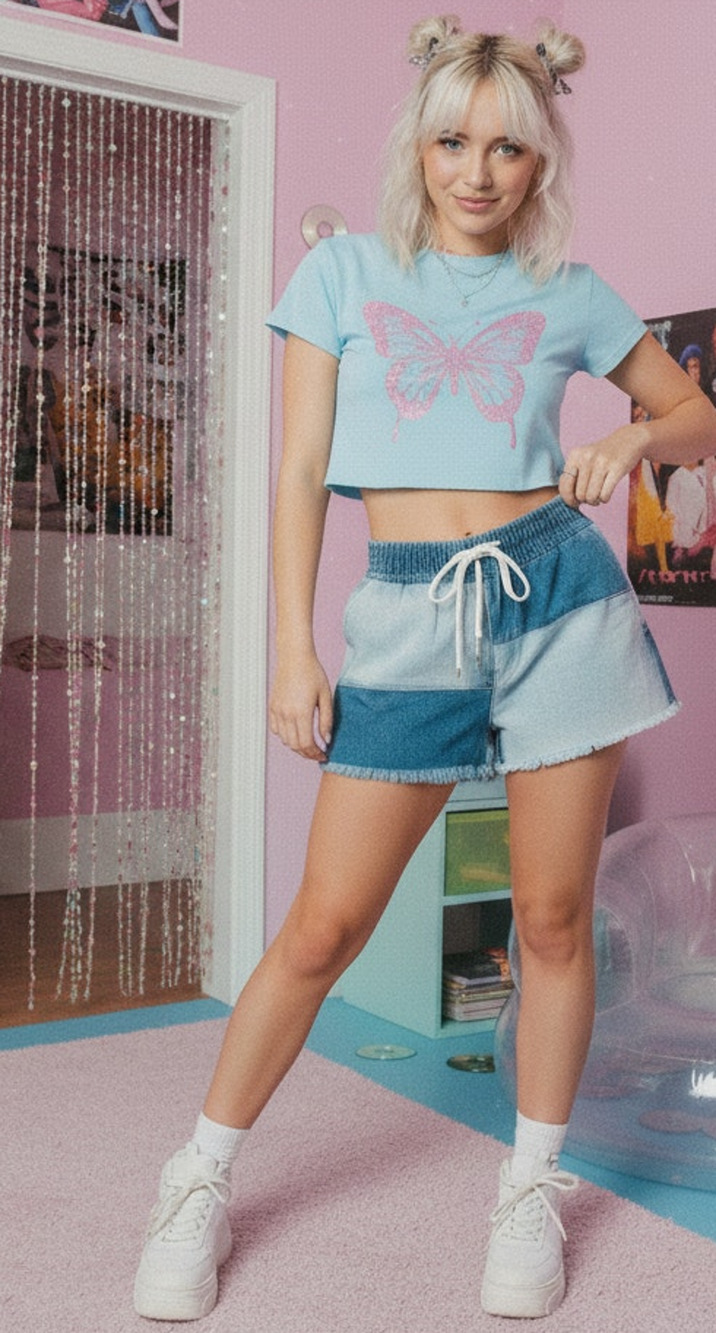 Aerie Women Medium Denim Color block Drawstring Waist Raw Hem Y2k Denim Shorts